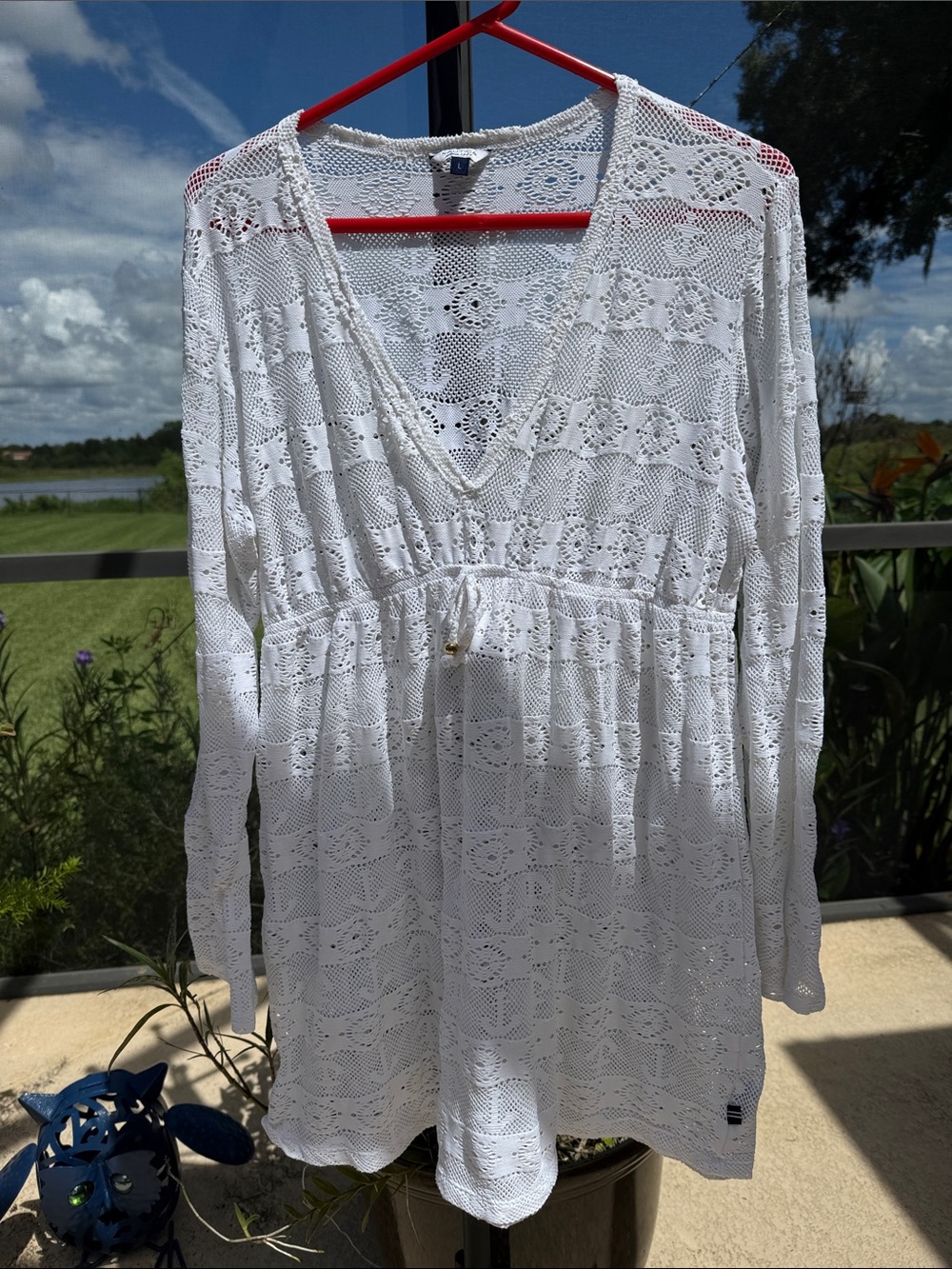 Nautica White Crochet V-Neck Long-Sleeve Swim Coverup